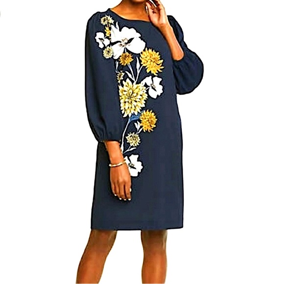 Ann Taylor Factory Sheath Dress in Navy Blue w/Floral 3/4 Bell Sleeves Size MP - Picture 3 of 17